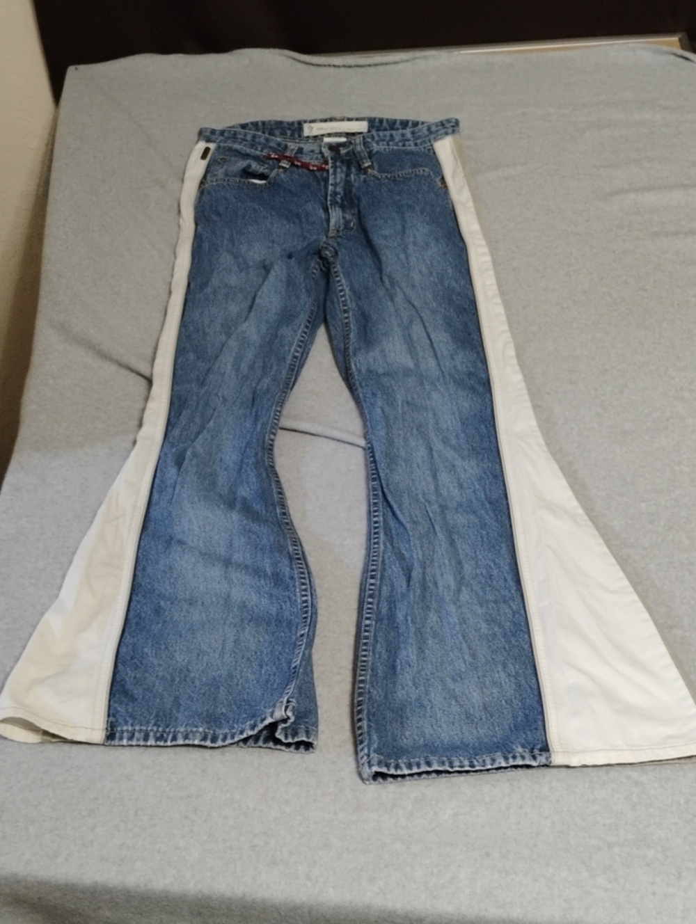 Blue Denim Wide-Leg Flare Jeans with White Side Panels